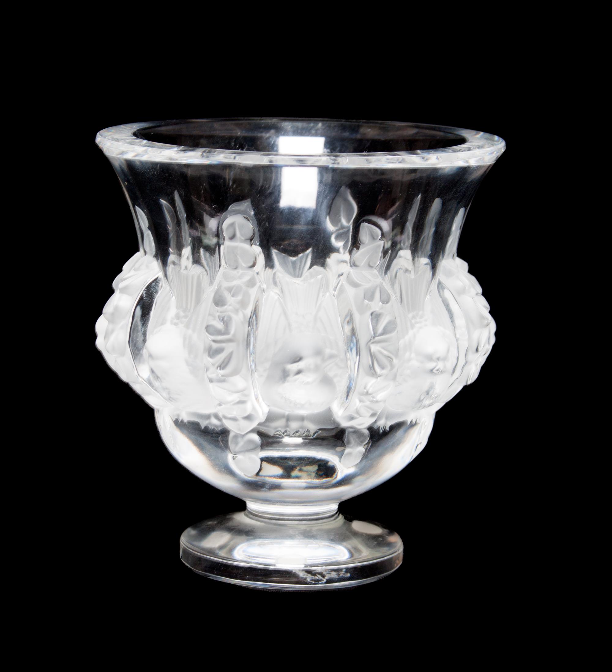 A Lalique Molded and Frosted Glass Vase Height 5 inches.