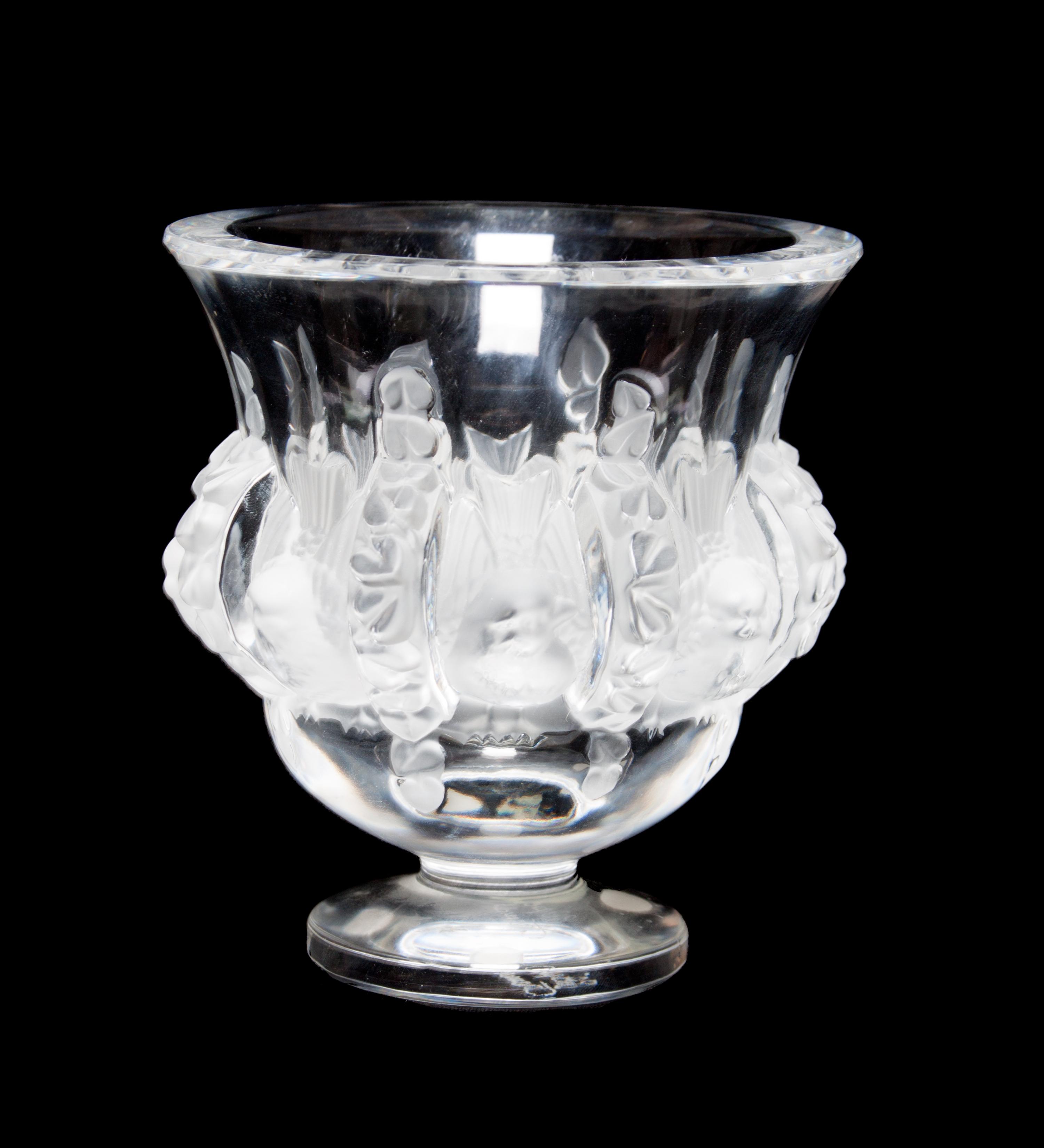 A Lalique Molded and Frosted Glass Vase Height 5 inches.