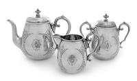 A Russian Silver Tea Service, Konstantine Petz, Moscow, 1863, comprising a teapot, a covered sugar and a creamer, each with bright cut
