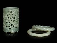 Three Chinese Carved Celadon Jade Articles