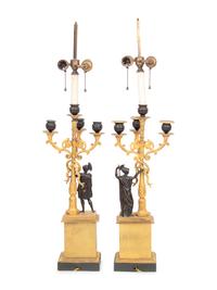 A Pair of Empire Gilt and Patinated Bronze Four-Light Candelabra