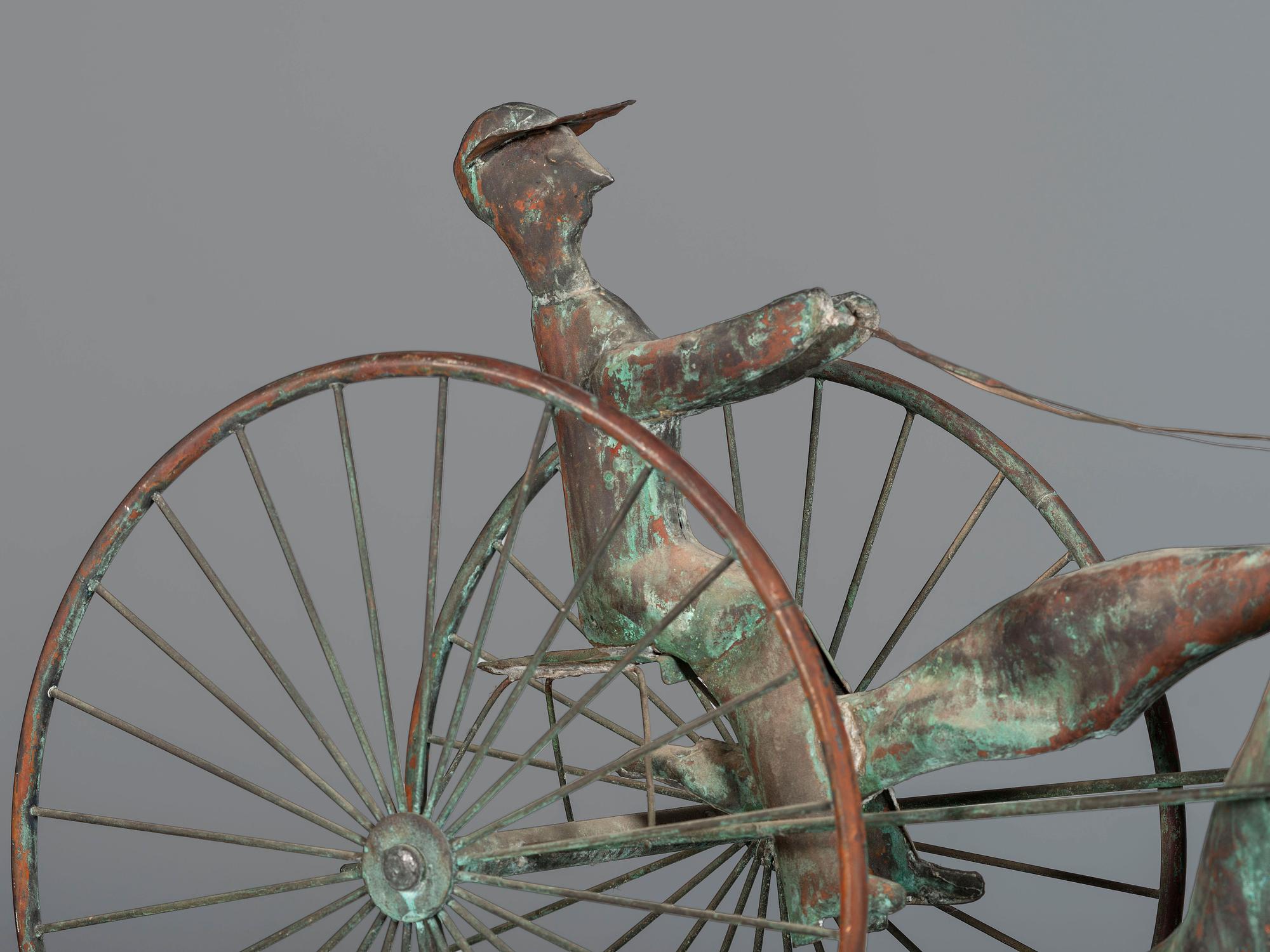 A Molded Copper and Cast Zinc Trotting Horse and Sulky Weathervane