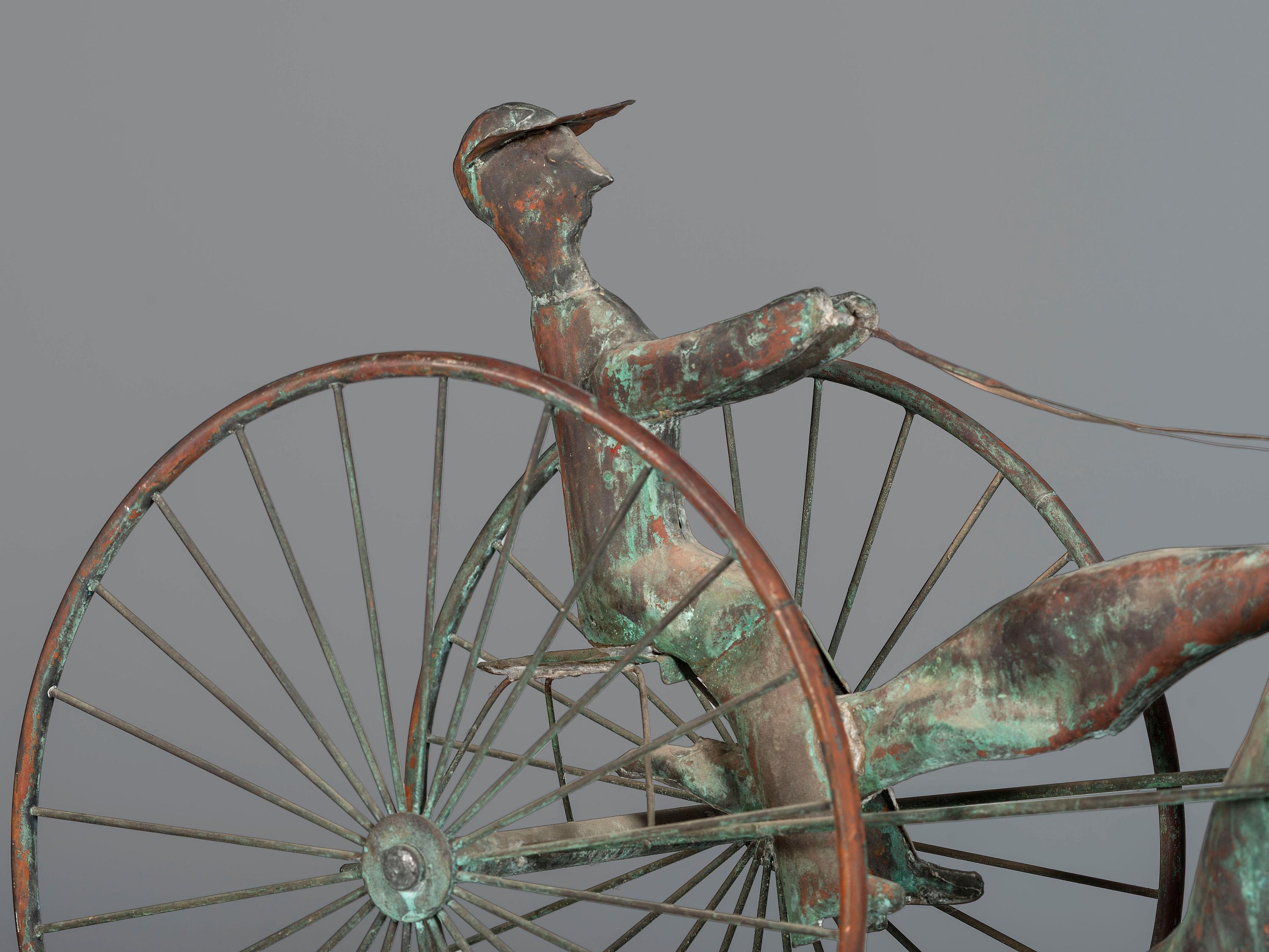 A Molded Copper and Cast Zinc Trotting Horse and Sulky Weathervane
