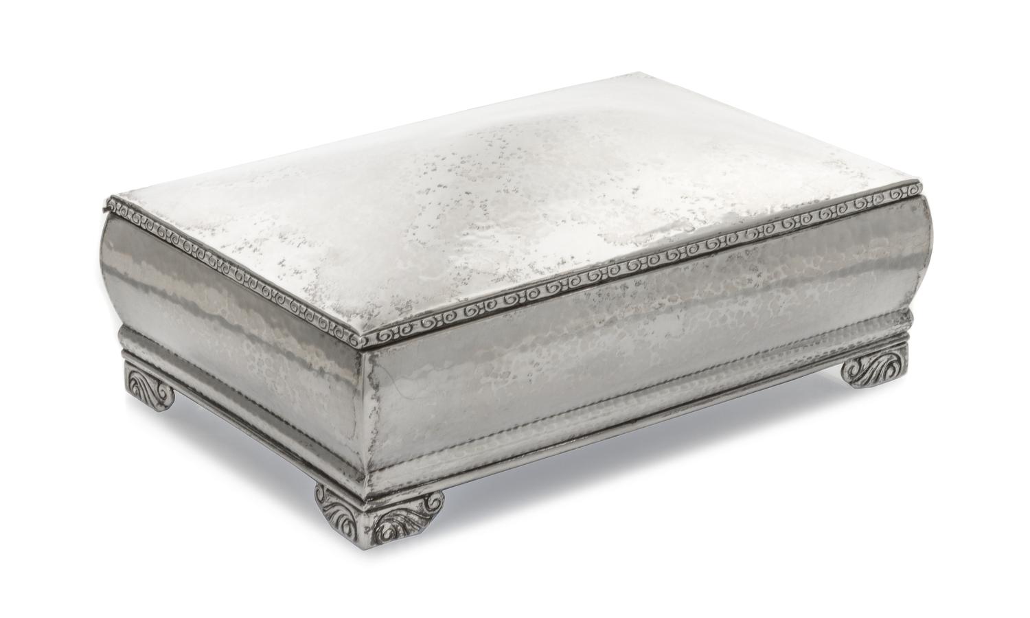 A Danish Silver Humidor, Christian F. Heise, Copenhagen, 1926, the rectangular box with bombe sides and domed lid, spot-hammered exteri