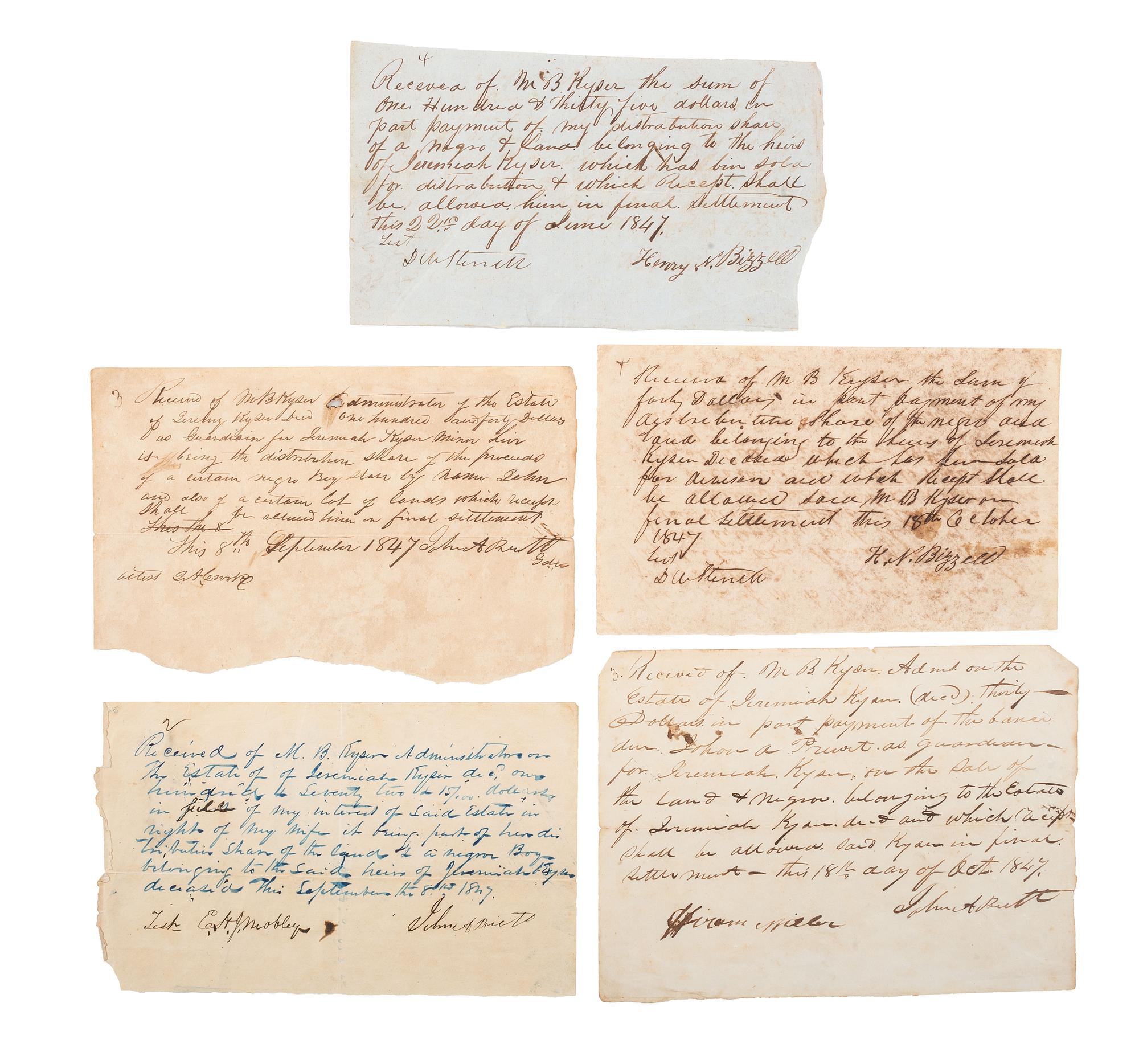 [SLAVERY & ABOLITION]. Archive of inheritance receipts for the estate of Jeremiah Kyser (1792-1839), including the sale of an enslaved person named John. [Alabama], 1847.