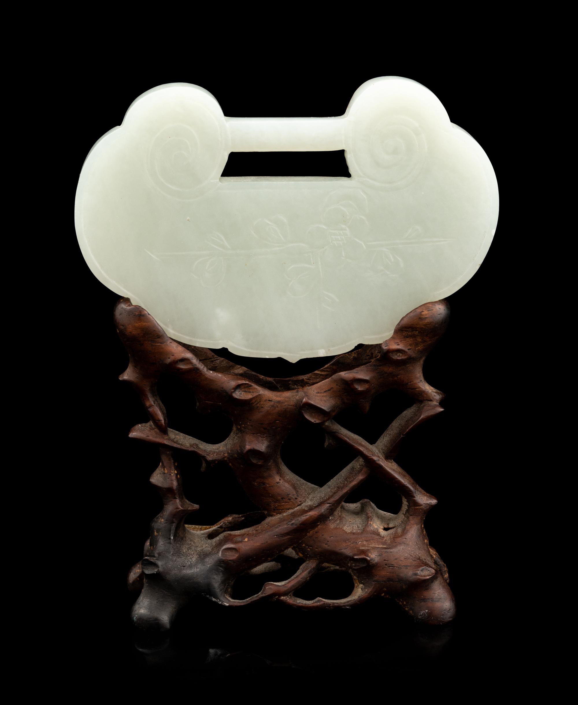 A White Jade Lock-Form Pendant with Stand