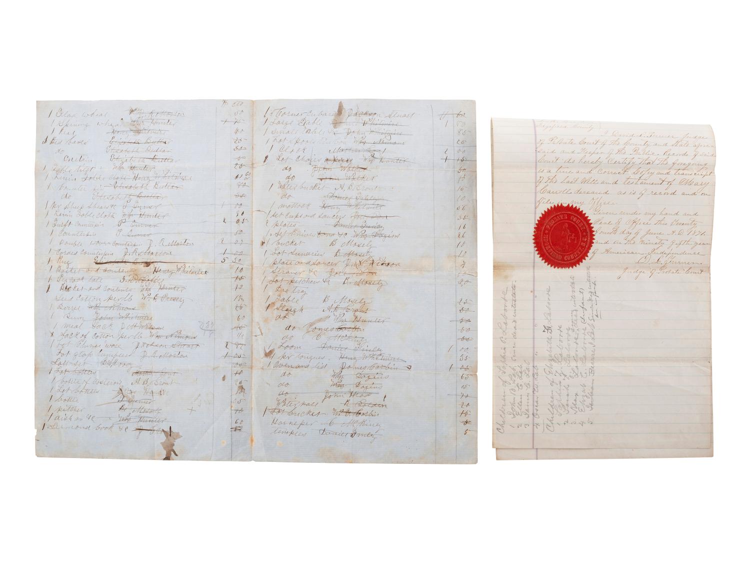 [SLAVERY & ABOLITION]. A group of 2 documents related to female South Carolina enslavers, comprising: