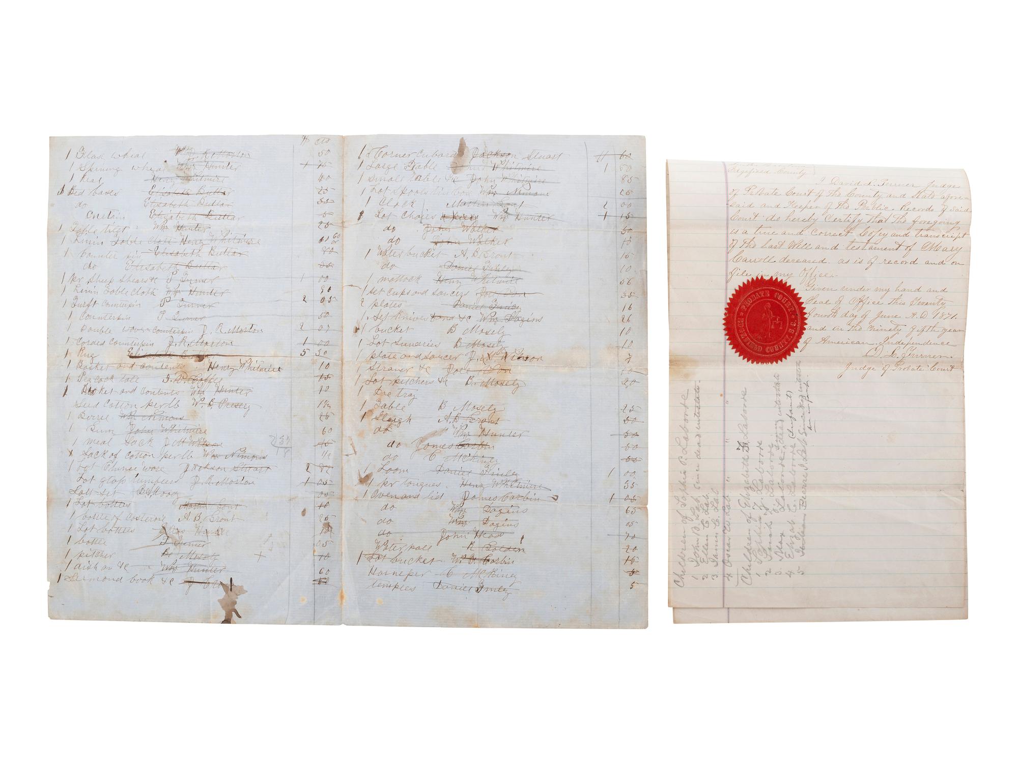 [SLAVERY & ABOLITION]. A group of 2 documents related to female South Carolina enslavers, comprising: