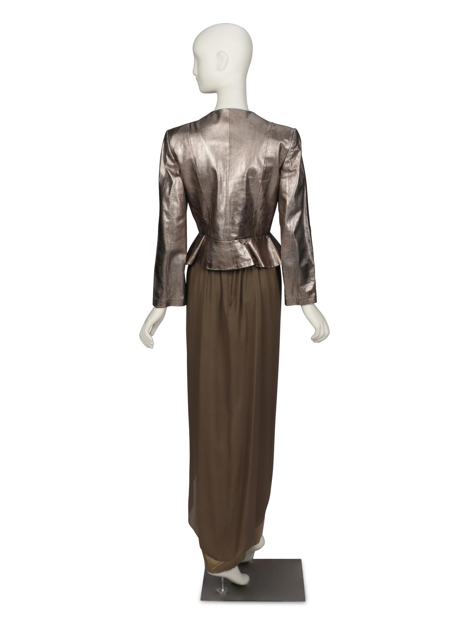 BILL BLASS, SILVER SNAKESKIN JACKET & SILK DRESS