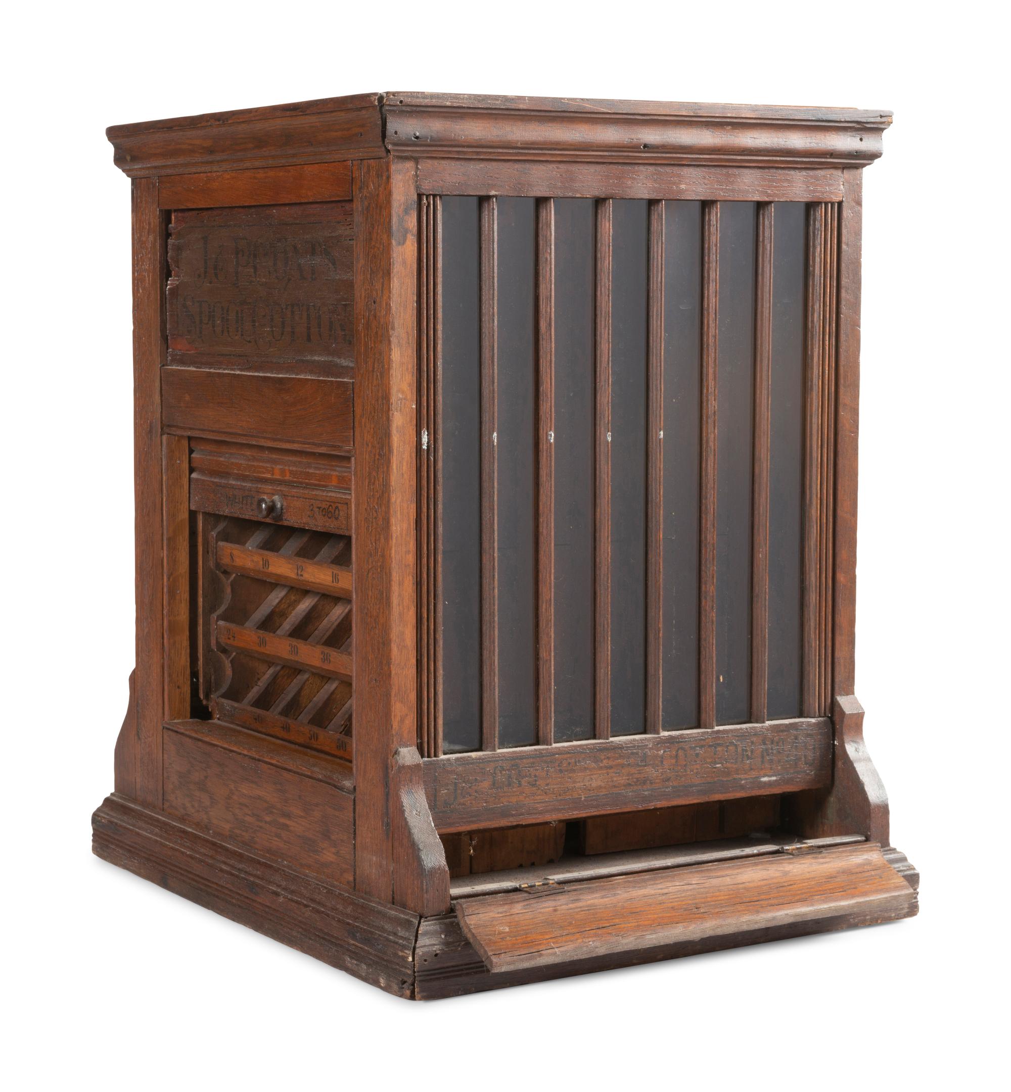 A J. & P. Coats Stenciled Oak Spool Cabinet