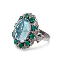 AQUAMARINE, EMERALD AND DIAMOND RING