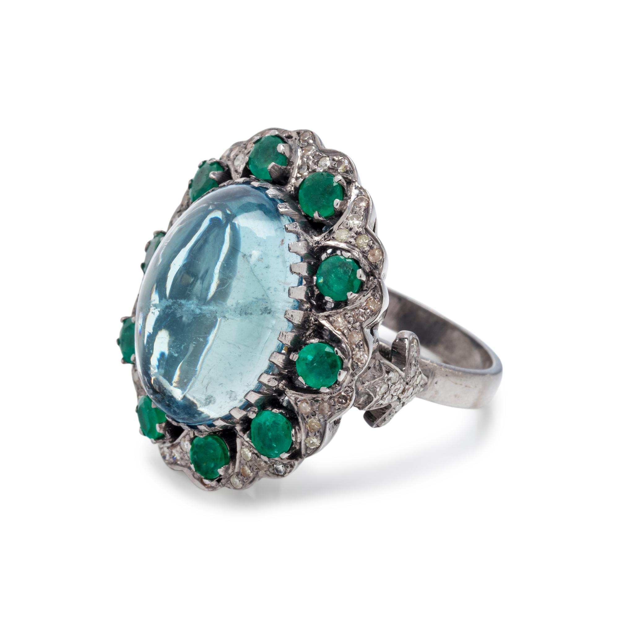AQUAMARINE, EMERALD AND DIAMOND RING