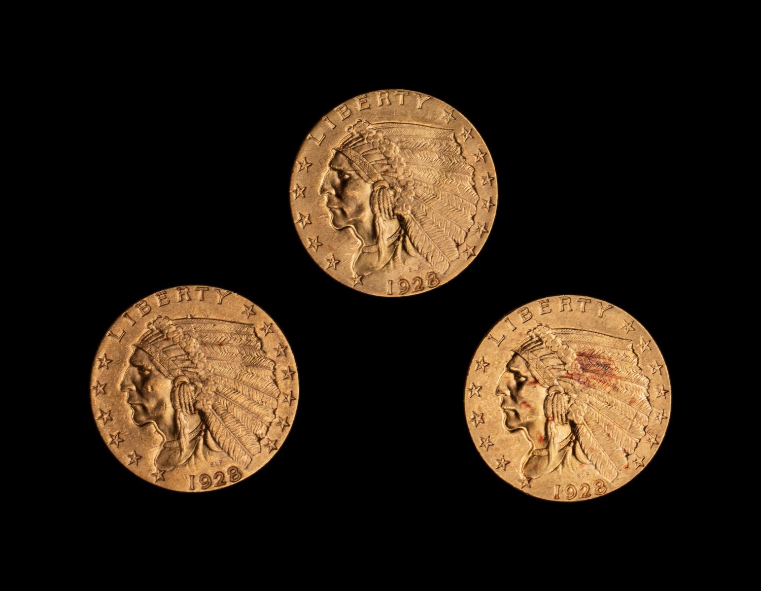 A Group of Three 1928 Indian Head $2.50 Gold Coins