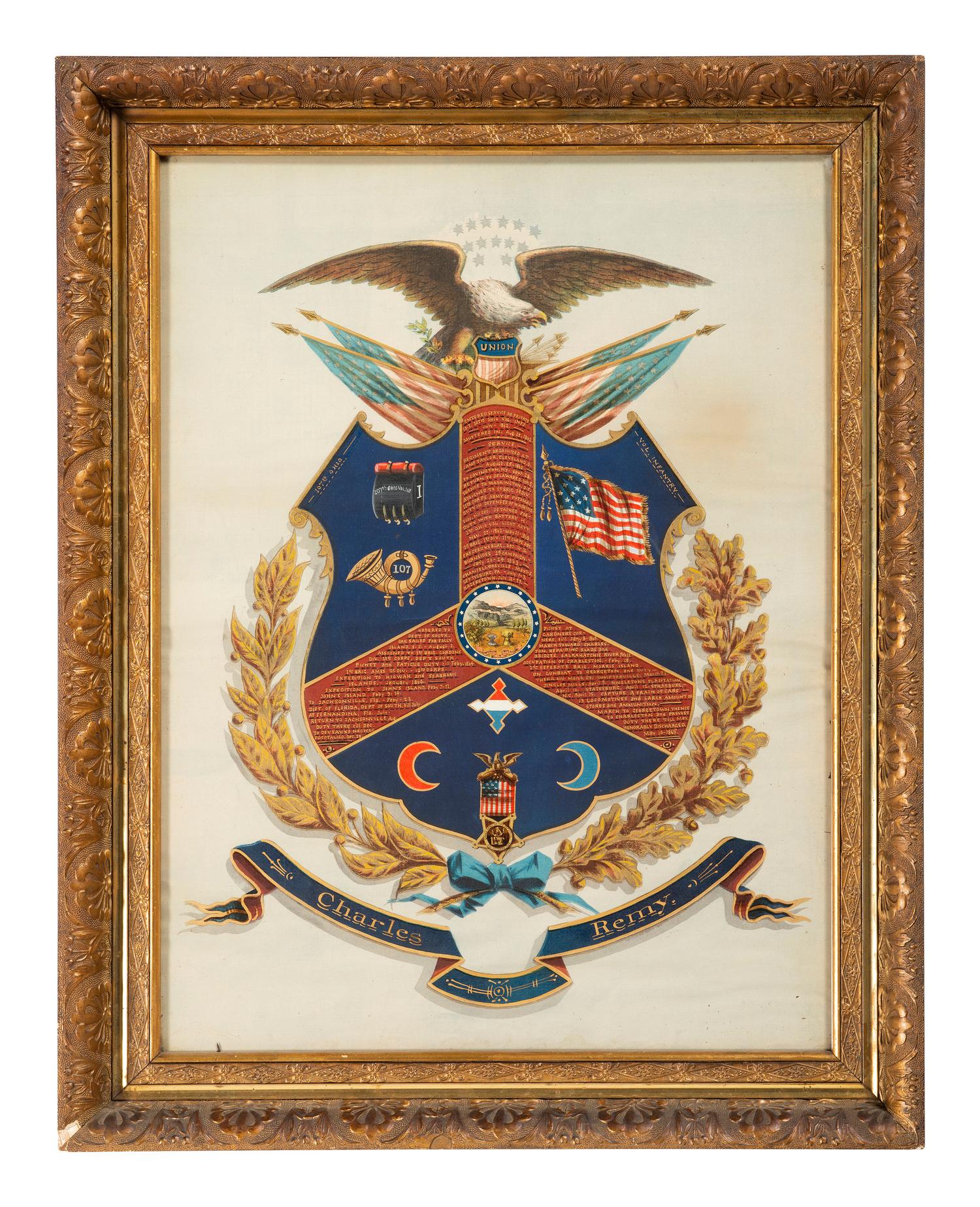 [CIVIL WAR]. Painted escutcheon identified to Private Charles Remy, 107th Ohio Volunteer Infantry.