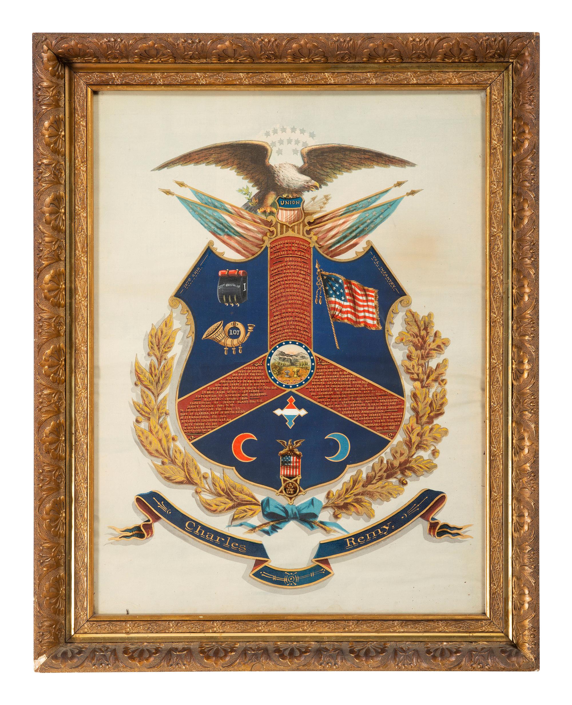 [CIVIL WAR]. Painted escutcheon identified to Private Charles Remy, 107th Ohio Volunteer Infantry.