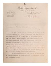 ROOSEVELT, Theodore (1858-1919). Typed letter signed ("Theodore Roosevelt"), as Police Commissioner. New York, 30 September 1896.