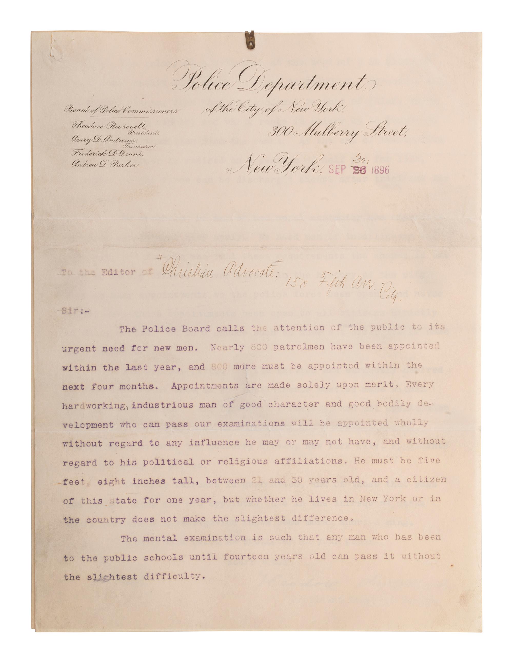 ROOSEVELT, Theodore (1858-1919). Typed letter signed ("Theodore Roosevelt"), as Police Commissioner. New York, 30 September 1896.