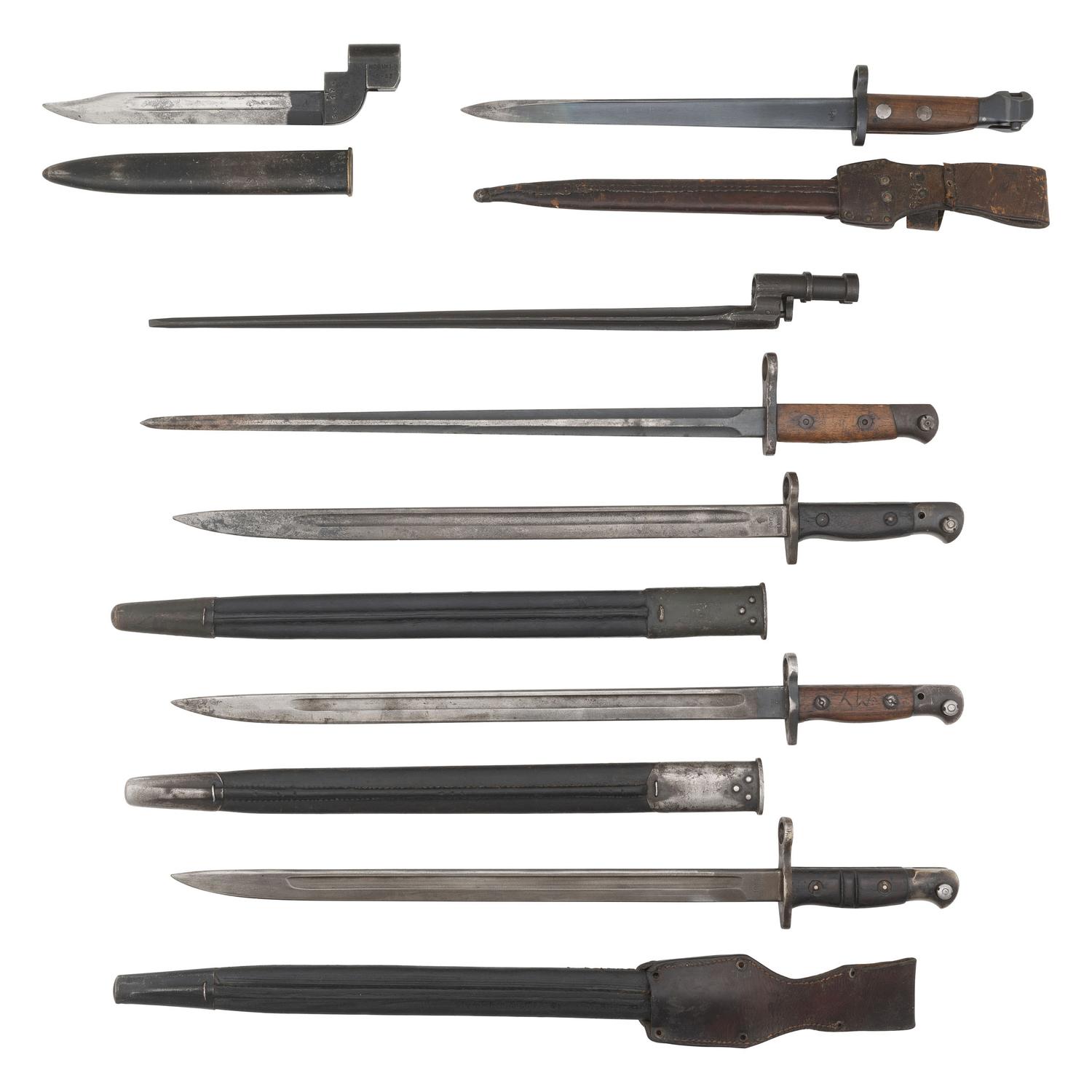 Lot of Four English Bayonets including Enfield No 9MKI, 1907, and Three European Bayonets