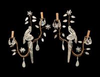 A Pair of Gilt Metal and Rock Crystal Two-Light Sconces