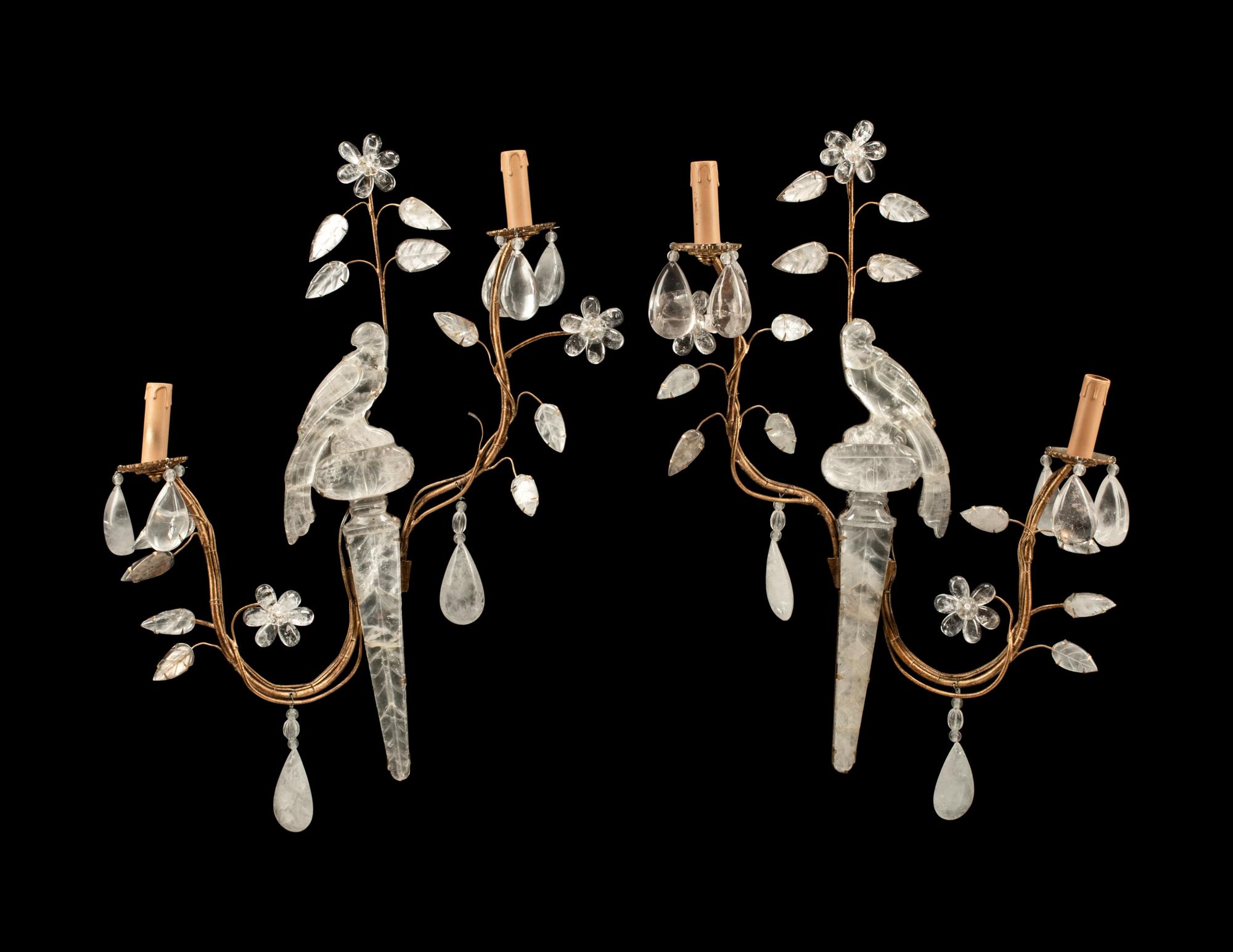 A Pair of Gilt Metal and Rock Crystal Two-Light Sconces