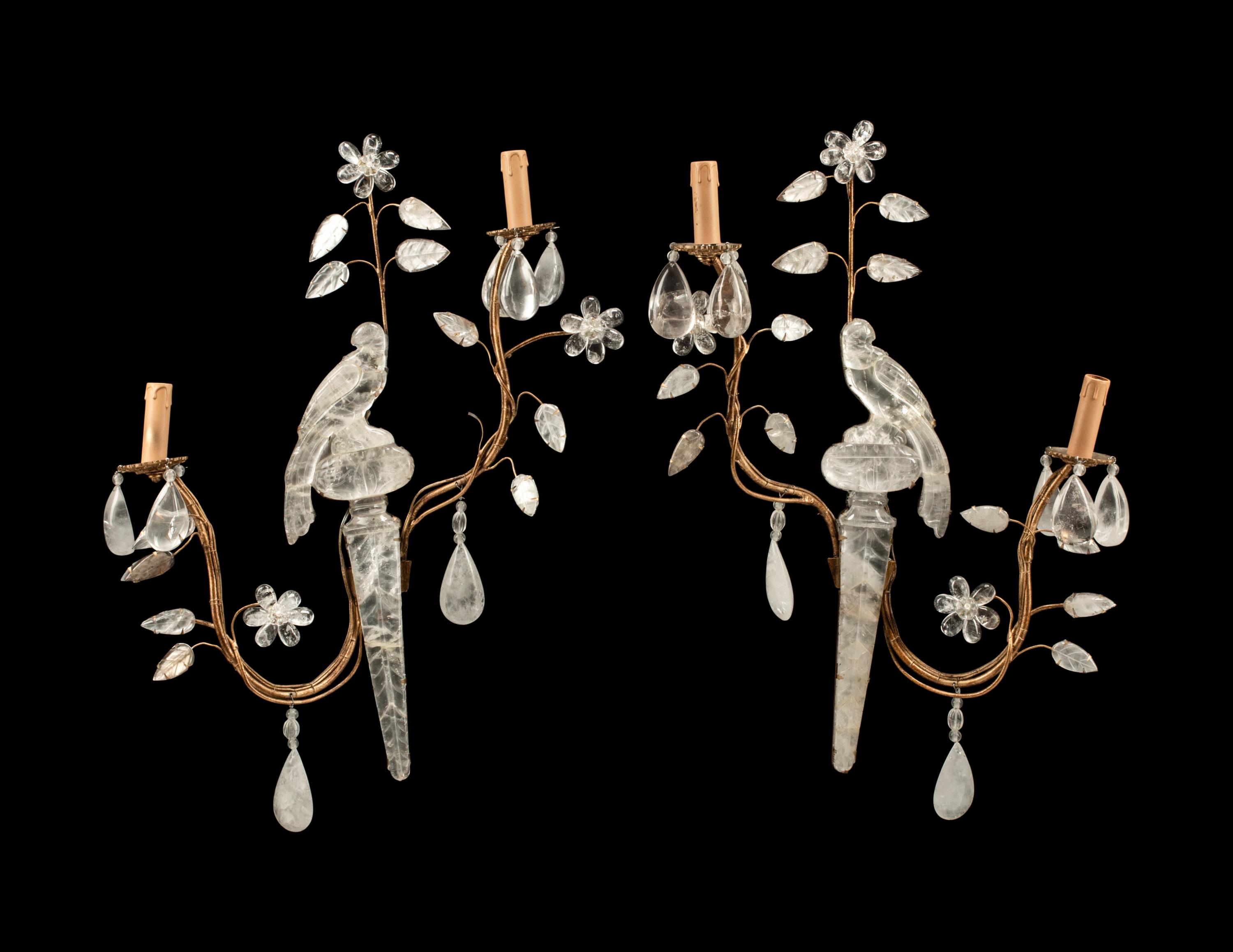 A Pair of Gilt Metal and Rock Crystal Two-Light Sconces