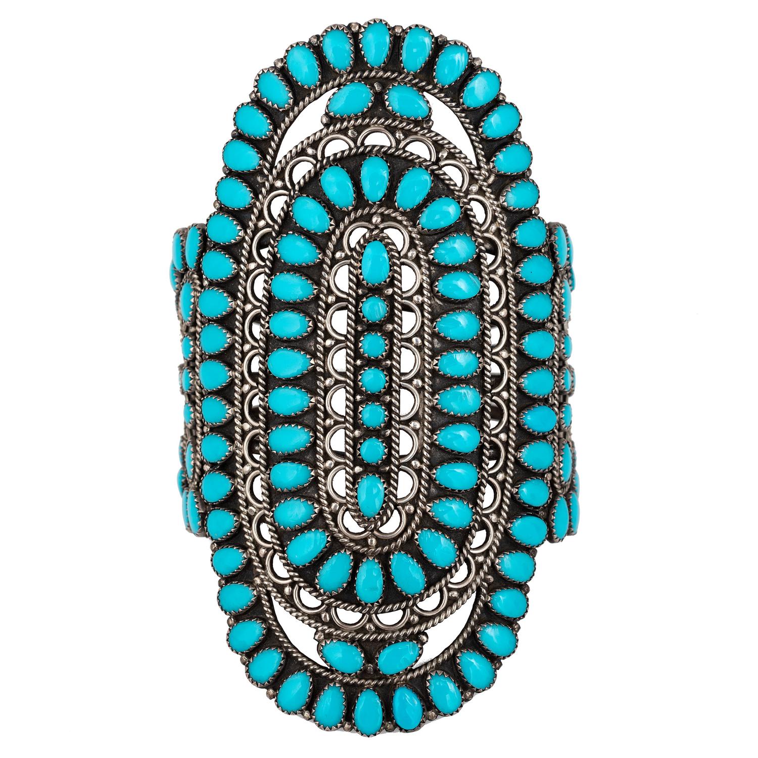 Large Sterling Silver and Turquoise Cluster Cuff Bracelet