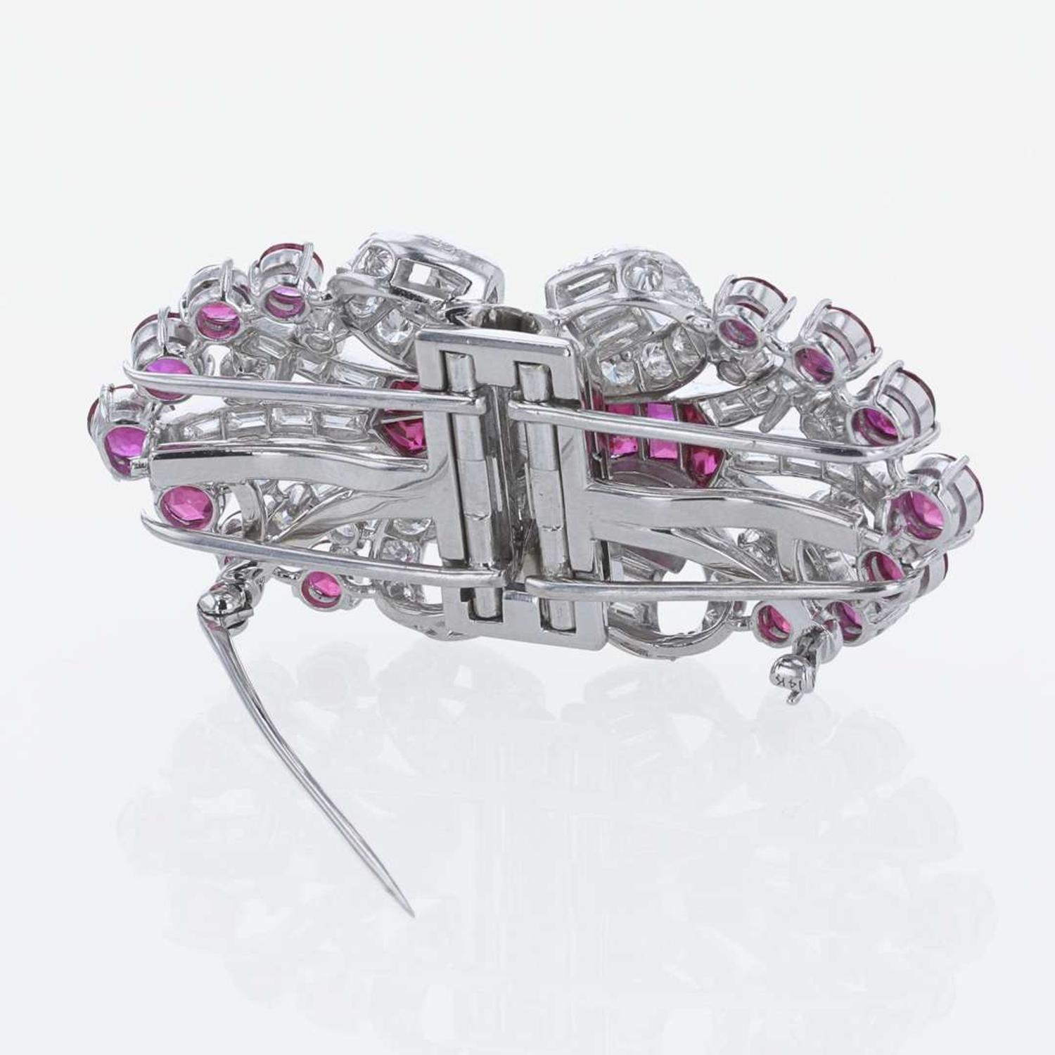 An Art Deco Diamond, and Ruby Duette Double Clip Brooch C. 1930's Bailey, Banks, & Biddle