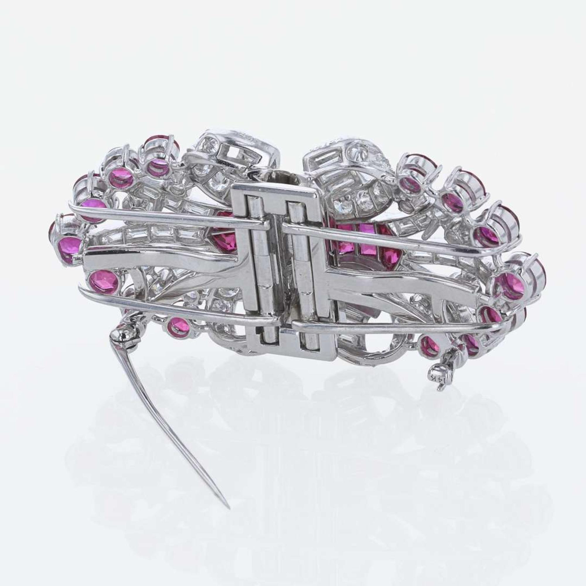 An Art Deco Diamond, and Ruby Duette Double Clip Brooch C. 1930's Bailey, Banks, & Biddle