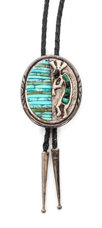 A Zuni and Navajo Silver, Turquoise and Multiple Stone Bolo, Charlene Dishta and Pete Sierra Height 2 1/2 x width 2 inches.