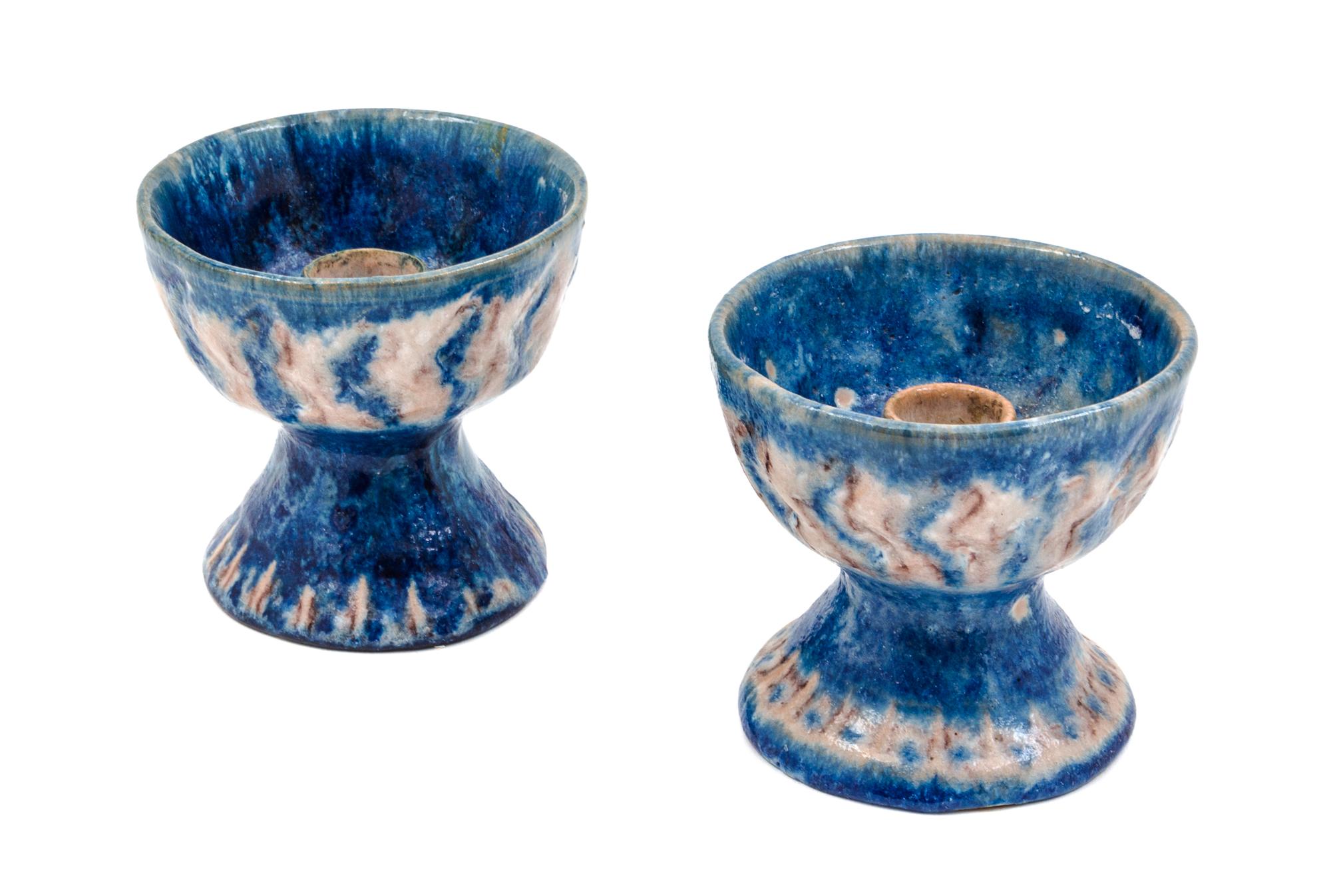 A Pair of Stoneware Candlesticks, Guido Gambone Height 3 5/8 inches.