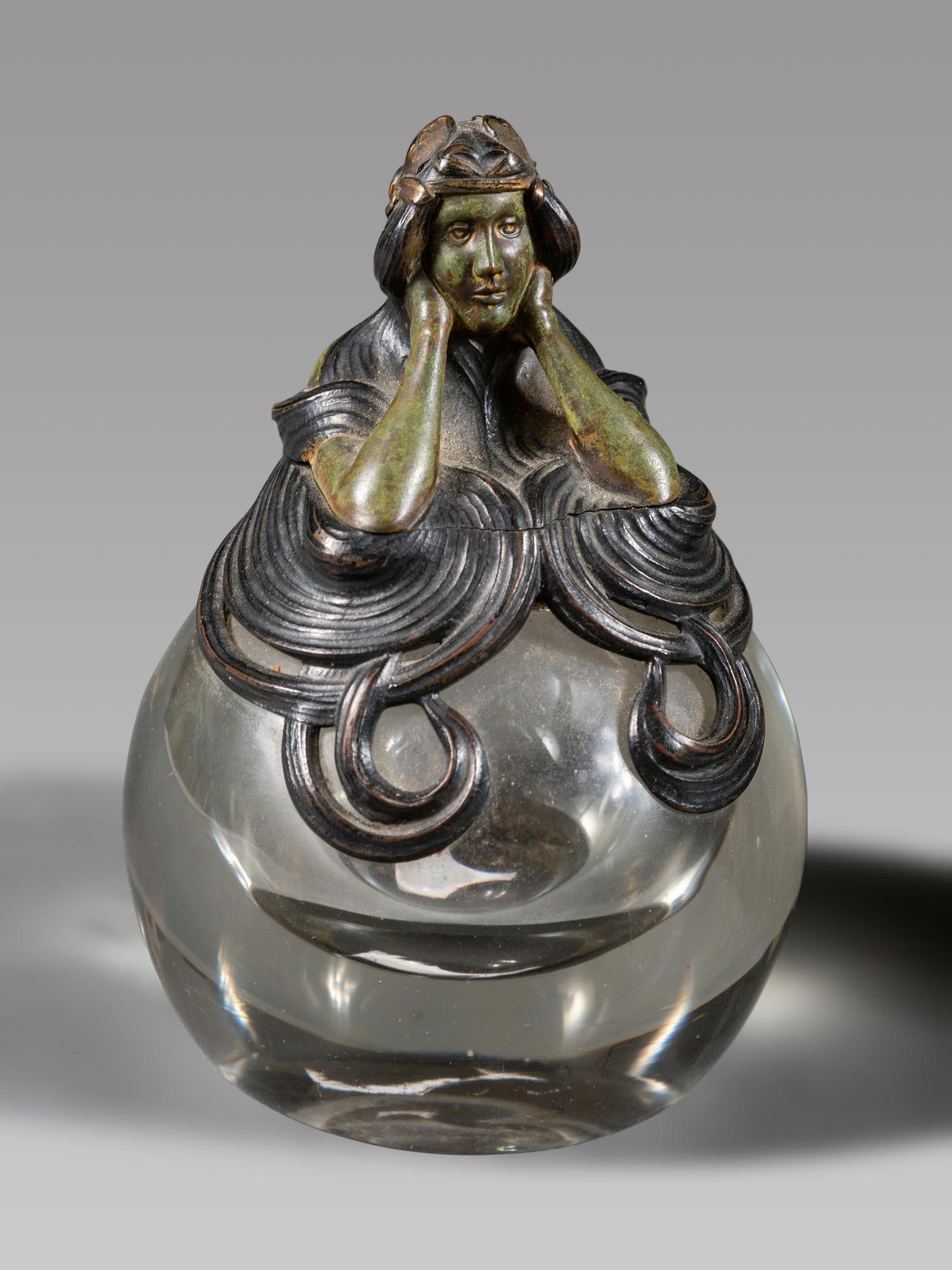 An Art Nouveau Bronze Mounted Glass Inkwell and Wall Mirror
