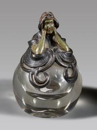 An Art Nouveau Bronze Mounted Glass Inkwell and Wall Mirror