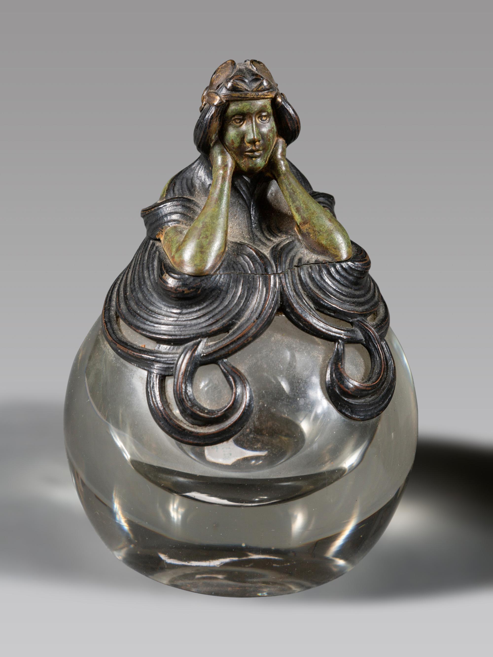 An Art Nouveau Bronze Mounted Glass Inkwell and Wall Mirror