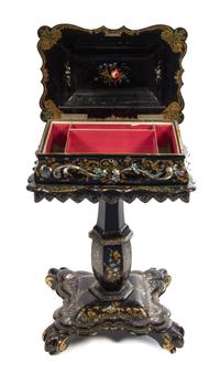 A Victorian Lacquered and Mother-of-Pearl Inlaid Work Table Height 30 1/2 x width 20 1/2 x depth 13 inches.