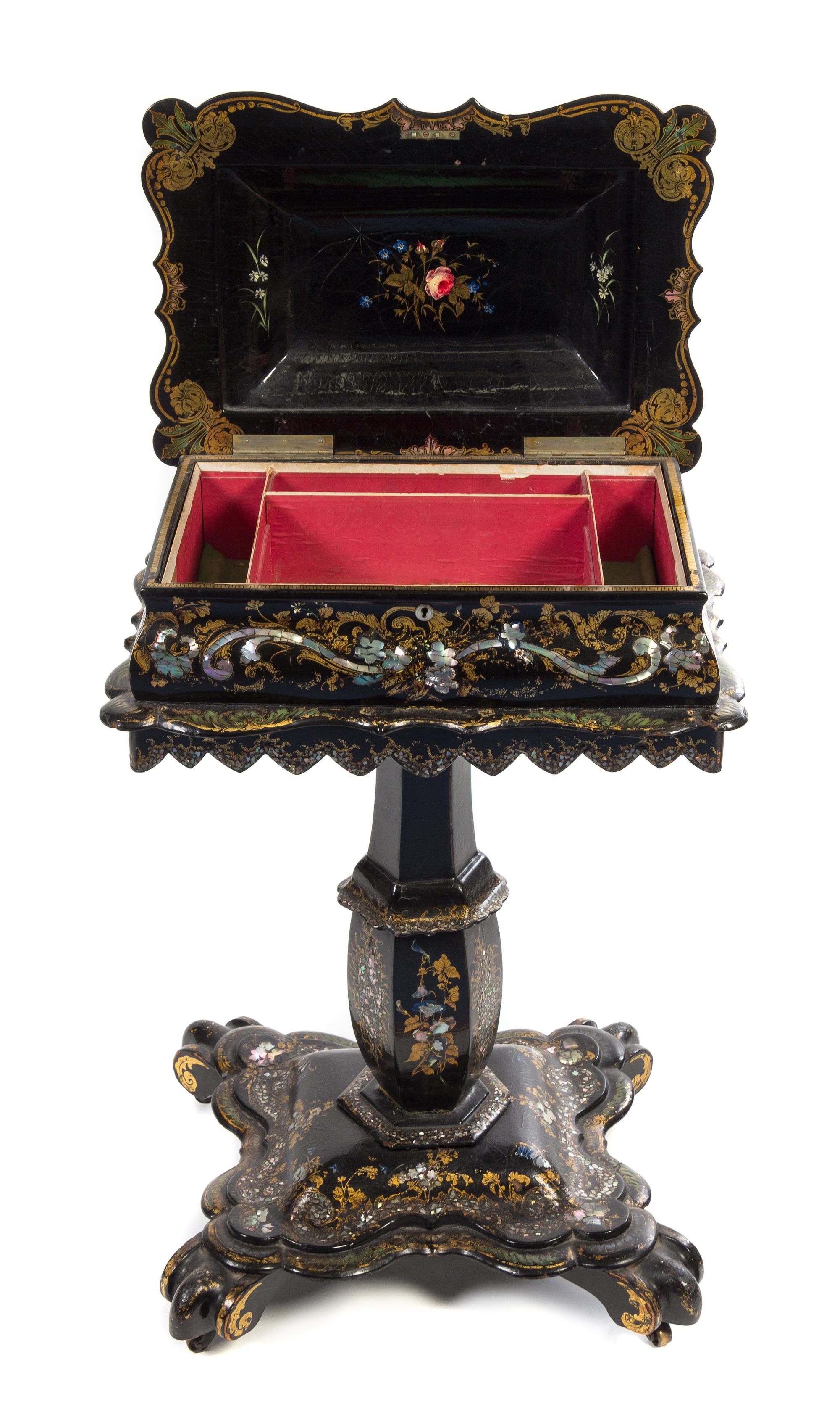 A Victorian Lacquered and Mother-of-Pearl Inlaid Work Table Height 30 1/2 x width 20 1/2 x depth 13 inches.
