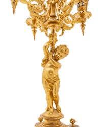 A Pair of French Gilt Bronze and Champlevé Five-Light Candelabra