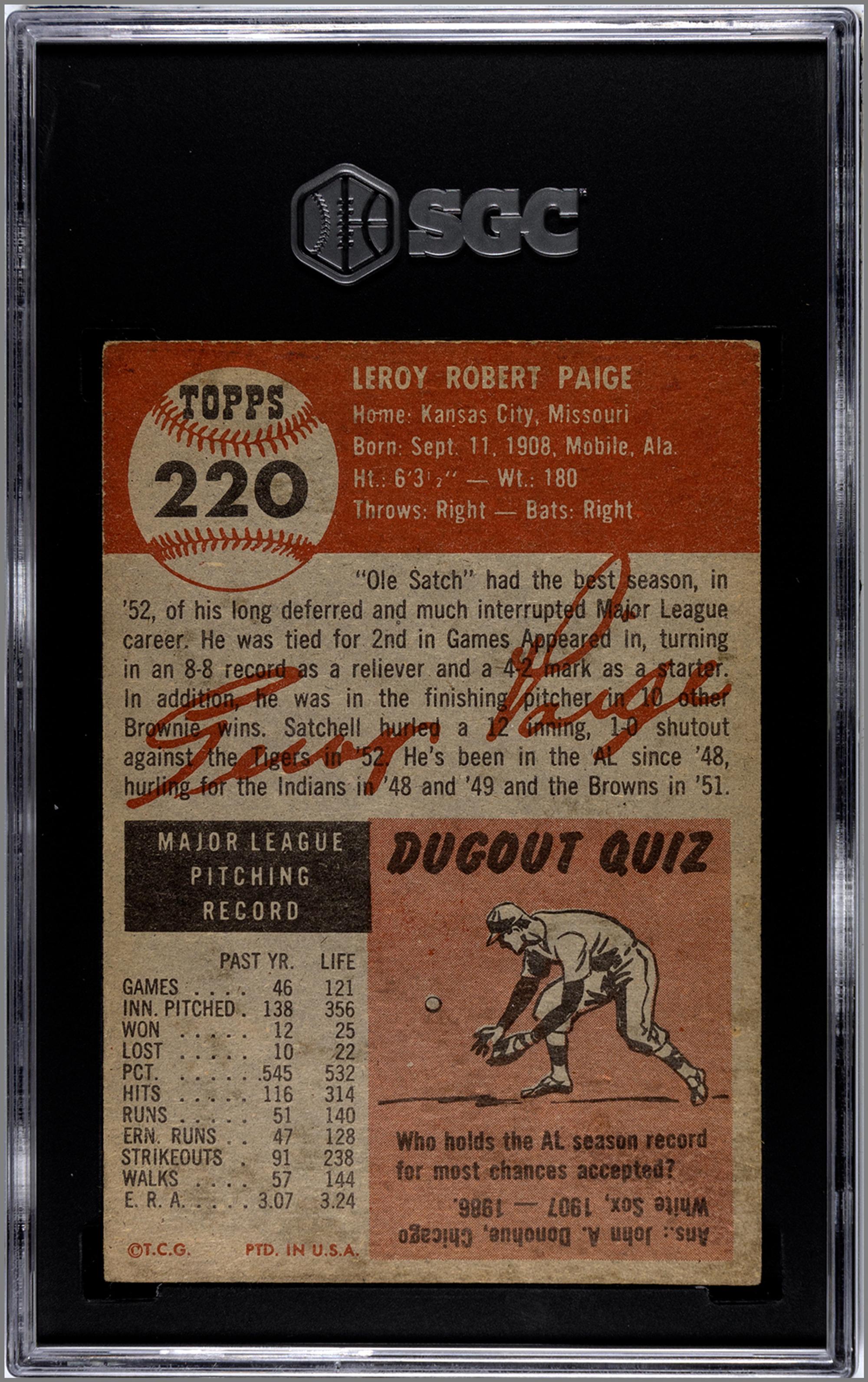 A 1953 Topps Satchel Paige Baseball Card No. 220 (SGC 3.5 VG+)