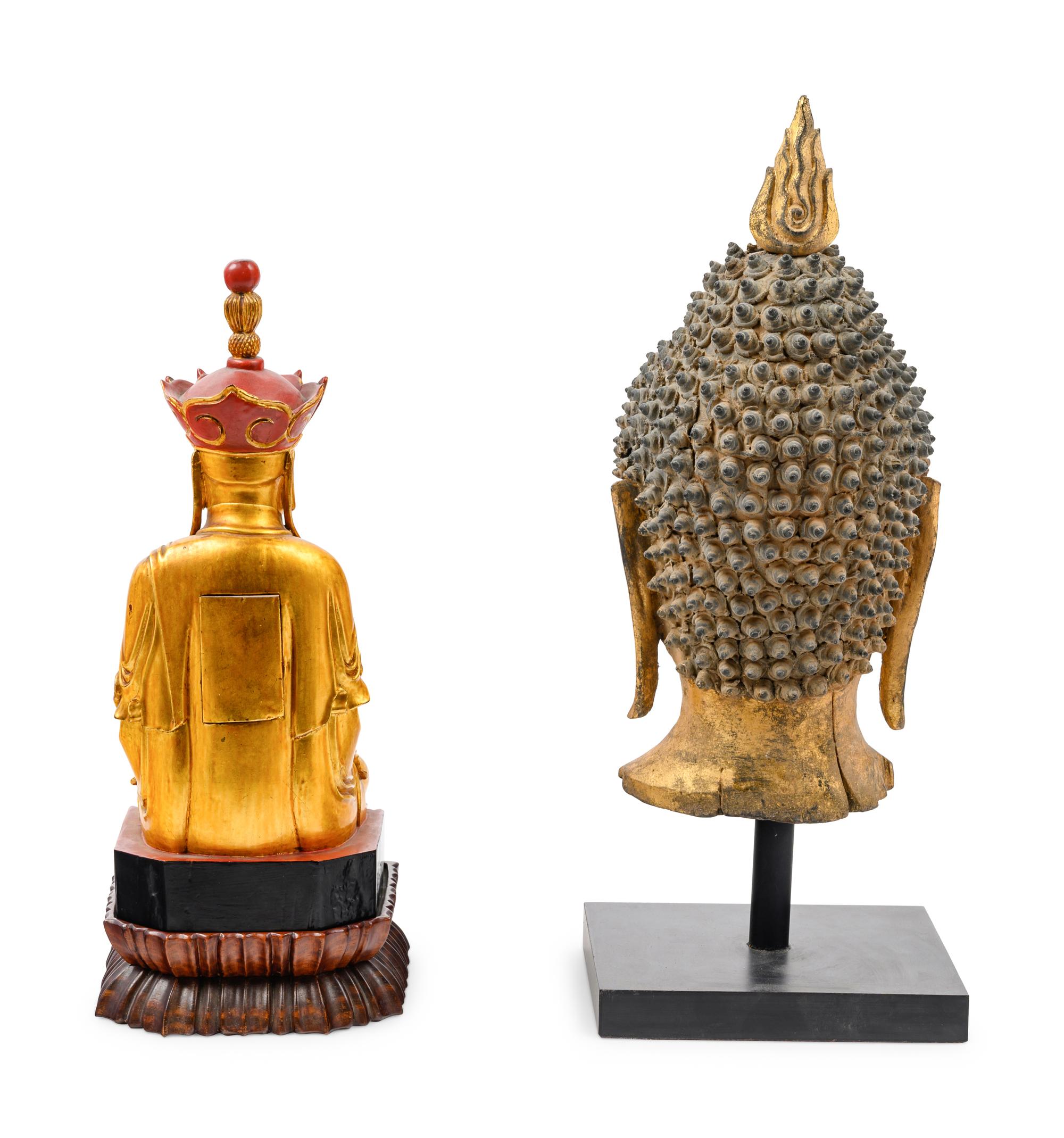 A Thai Gilded Carved Wood Buddha Head