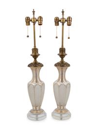 A Pair of Bohemian Parcel Gilt and Enamel Decorated Cut Glass Lamps