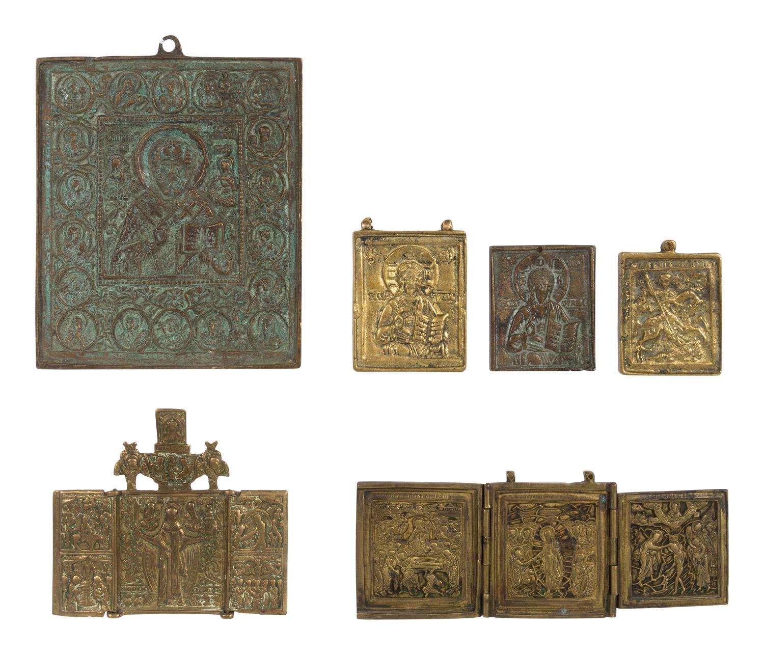 Six Russian Cast Bronze Miniature Icon Panels