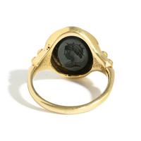 A Roman Bloodstone Double-Sided Ring Stone with the Gods Venus and Eros & a Portrait Head of a Deity — Set in a gold ring, '18k' stamped on inside