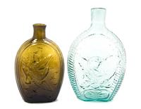 An American Mold Blown Amber Glass Flask, Height of first 5 1/2 inches.