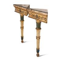 A Pair of North Italian Polychrome-Painted and Parcel Gilt Marble-Top Corner Consoles