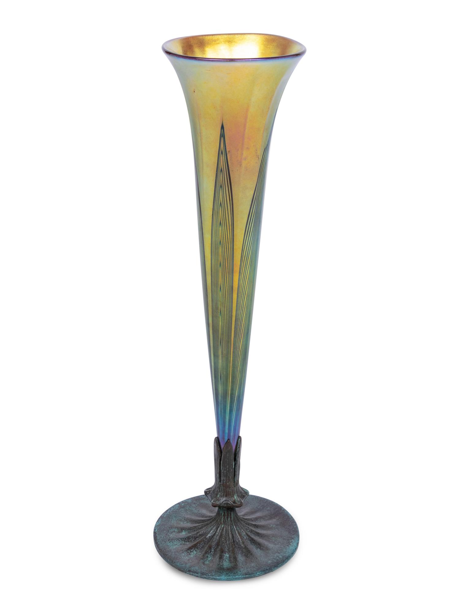 A Lundberg Studios Iridescent Glass and Patinated Bronze Vase
