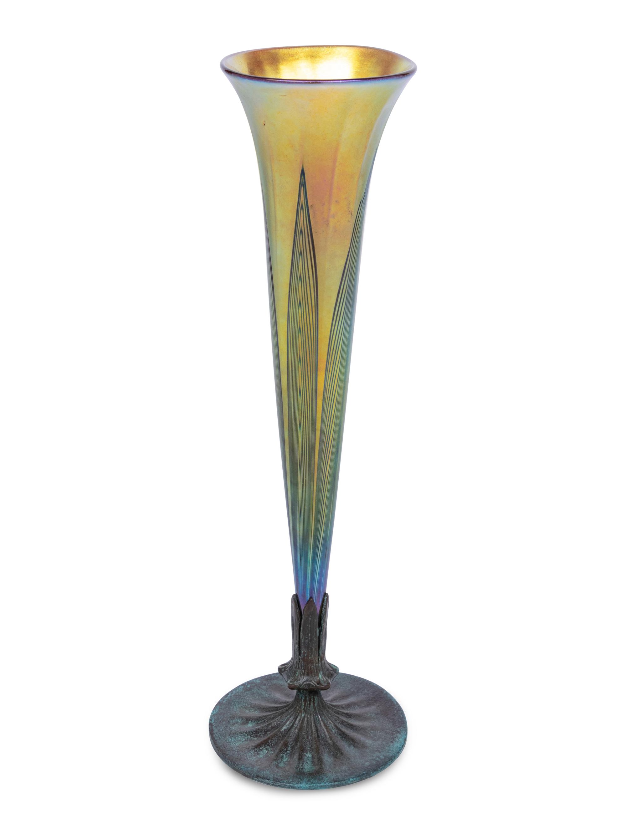 A Lundberg Studios Iridescent Glass and Patinated Bronze Vase