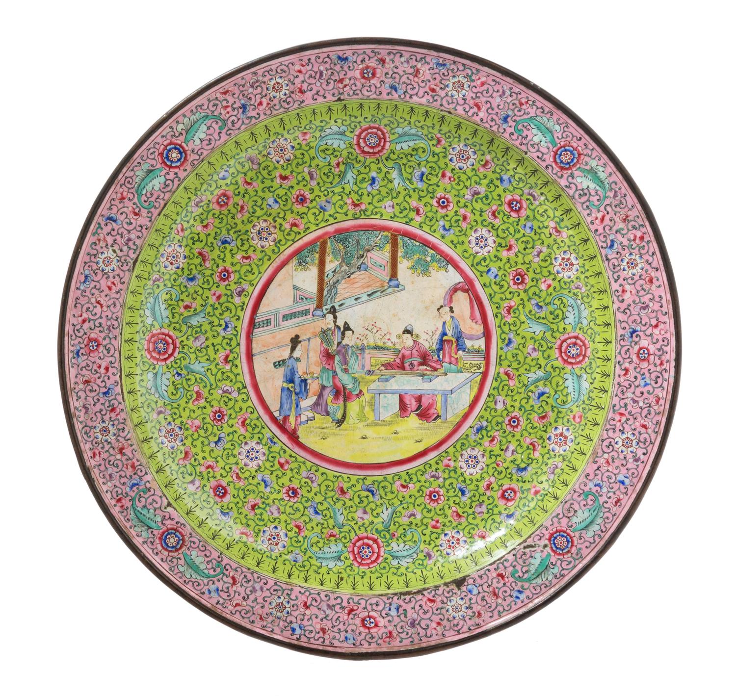 A Large Chinese Canton Enamel Charger 19TH CENTURY Diameter 16 x depth 2 1/4 inches. — 19TH CENTURY
