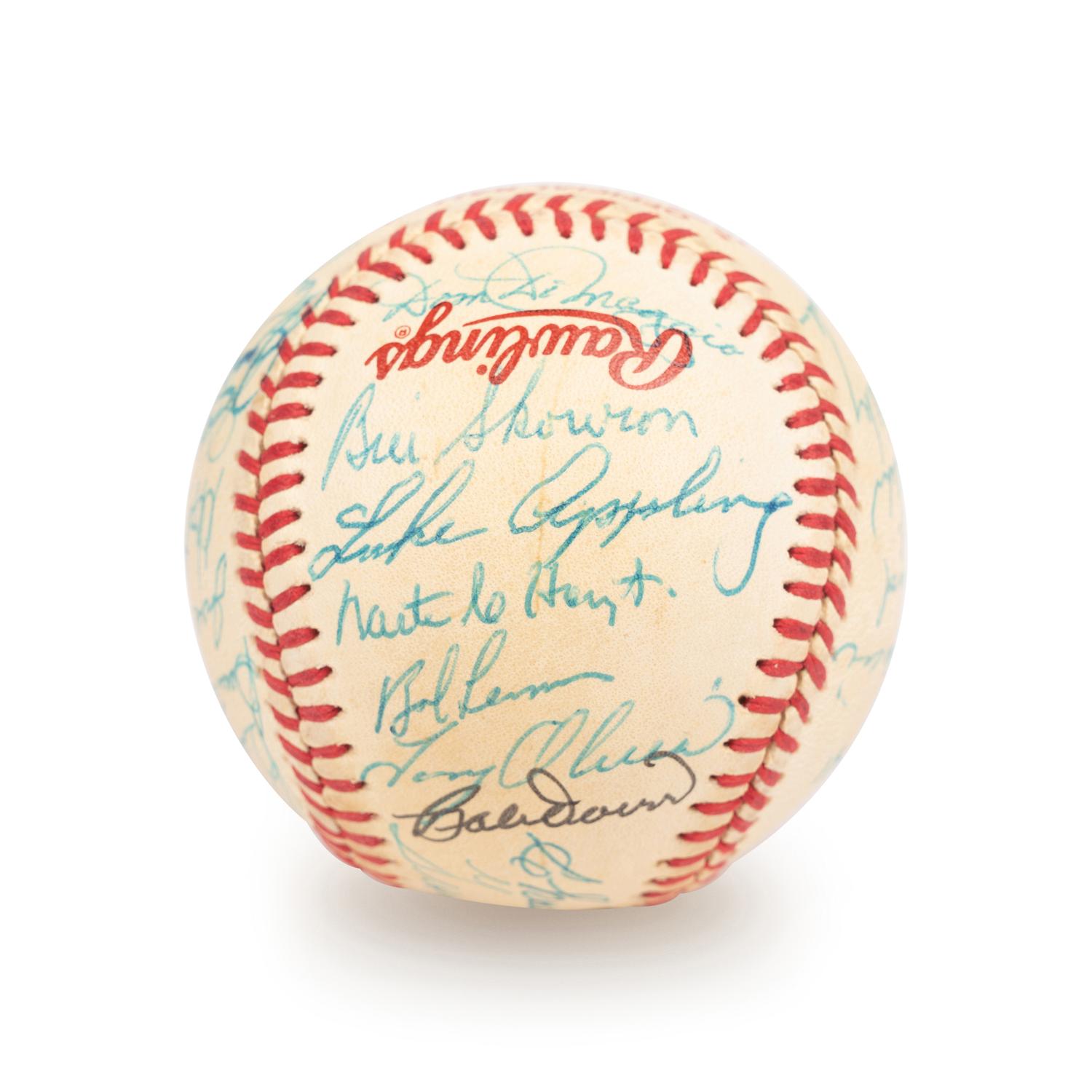 A 1983 Old Timers Game American League Team Signed Autograph Baseball With 26 Signatures Featuring Joe DiMaggio and Roger Maris (Beckett Authentication Services Letter BAS Certified),