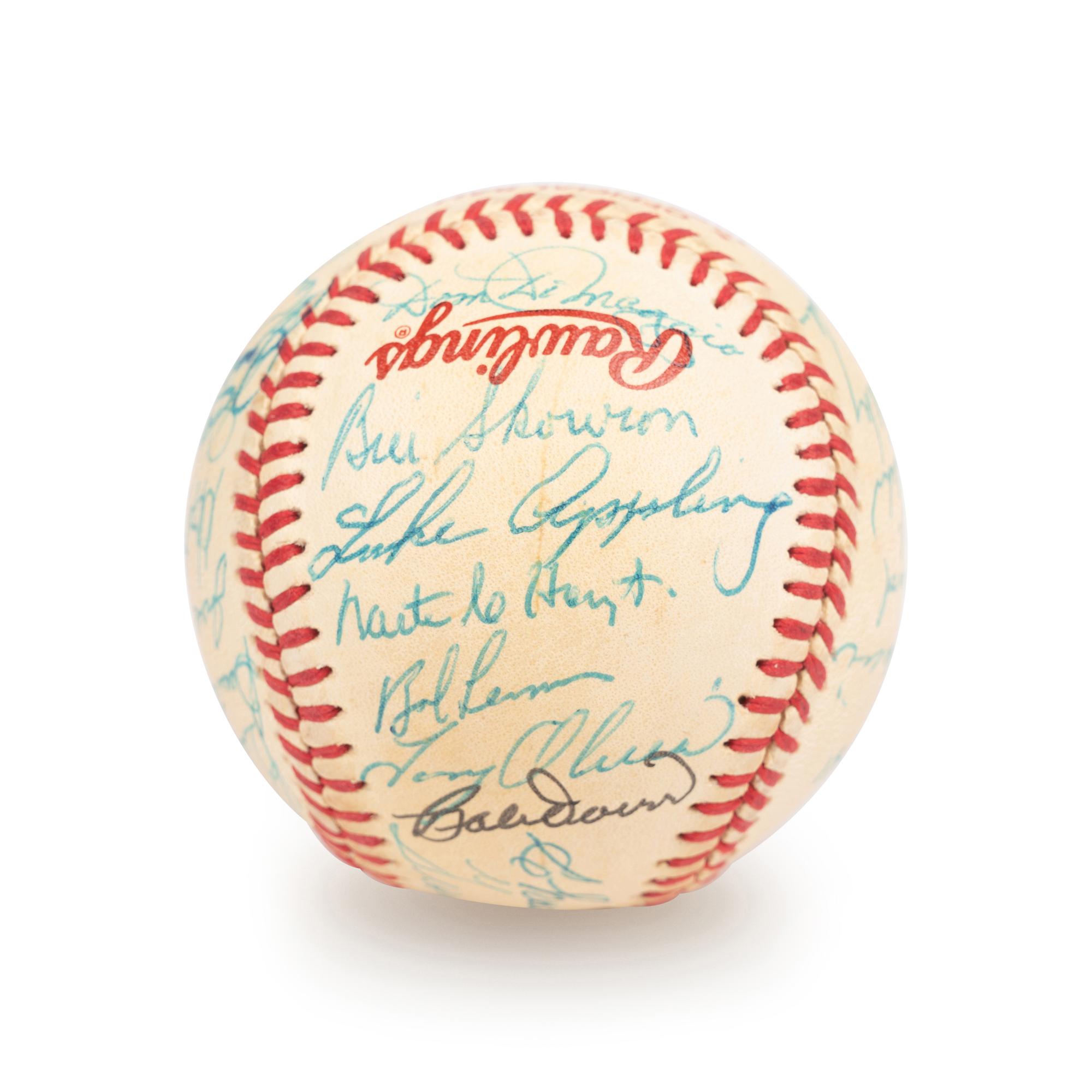 A 1983 Old Timers Game American League Team Signed Autograph Baseball With 26 Signatures Featuring Joe DiMaggio and Roger Maris (Beckett Authentication Services Letter BAS Certified),