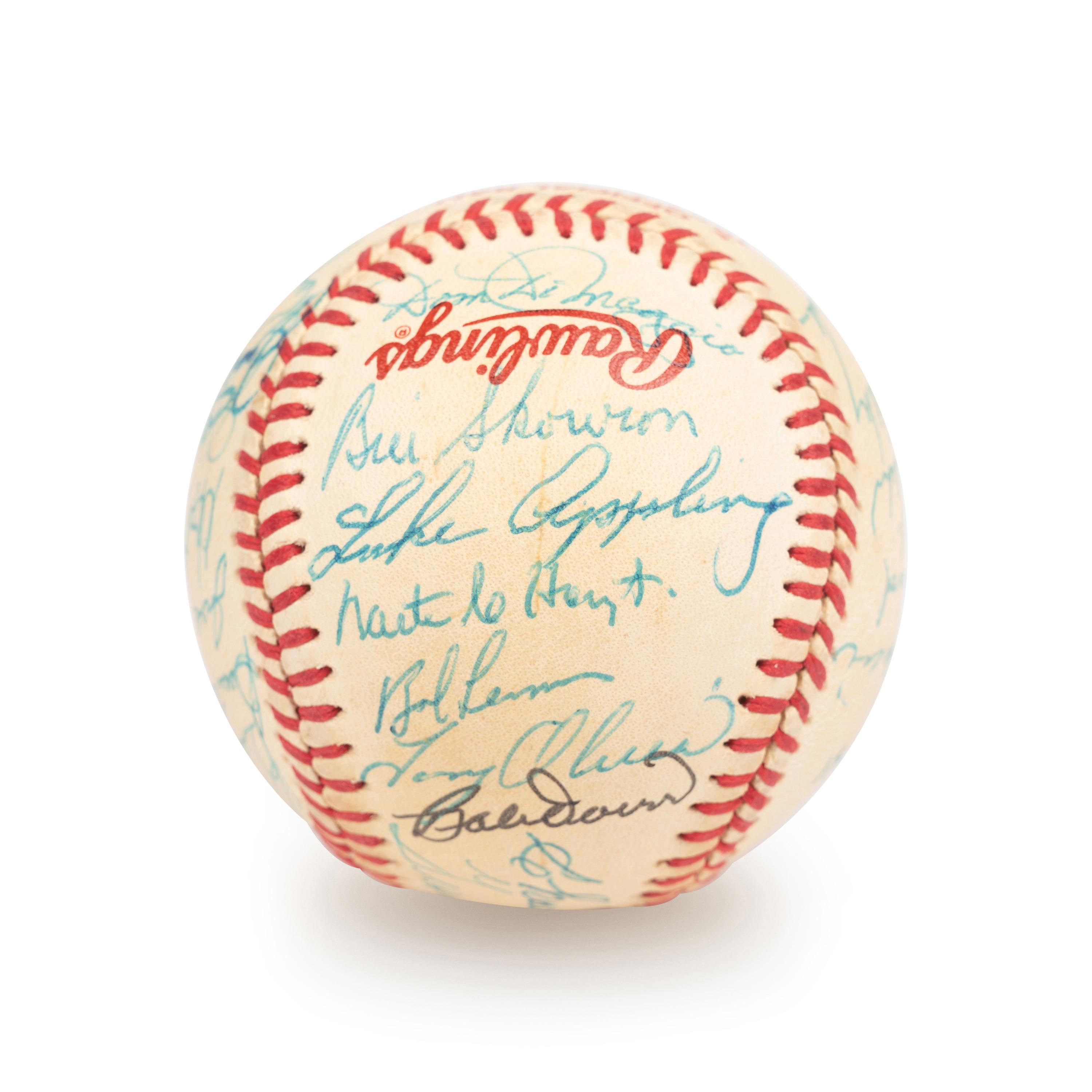 A 1983 Old Timers Game American League Team Signed Autograph Baseball With 26 Signatures Featuring Joe DiMaggio and Roger Maris (Beckett Authentication Services Letter BAS Certified),