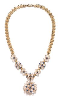 A Retro Yellow Gold, Moonstone, and Sapphire Convertible Necklace, Wordley, Allsopp & Bliss, 59.50 dwts.